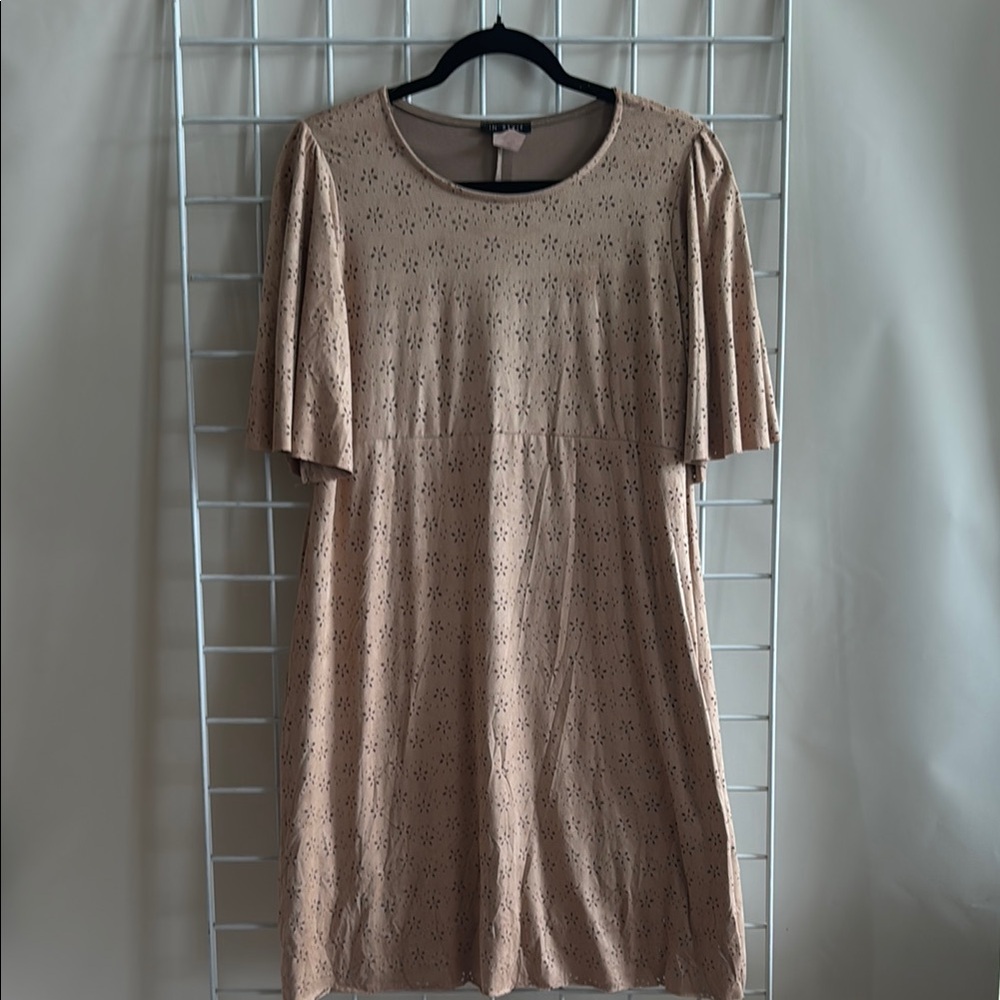 Elegant Tan/ Beige with Flower Print Suede Women's Dress Size Medium